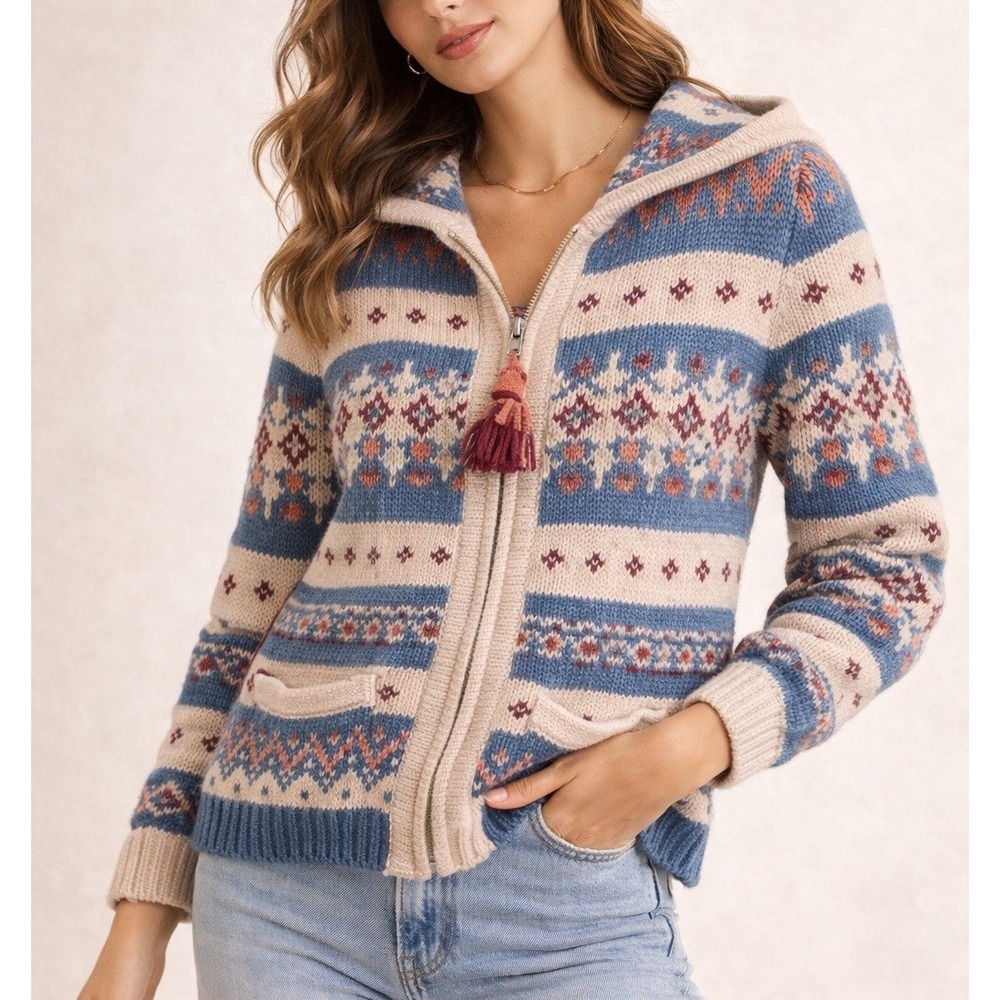 Sparrow Anthropologie Zip Up Hoodie Women S Blue Pink Fair Isle Wool Blend EX